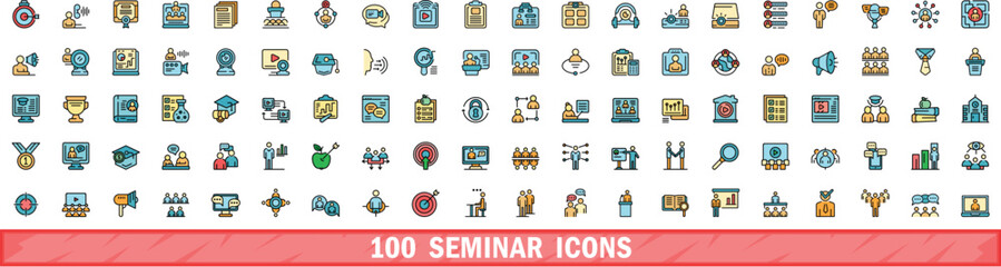 100 seminar icons set. Color line set of seminar vector icons thin line color flat on white