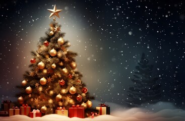 Christmas tree on snow flurry background with christmas lights in the style of dark gold
