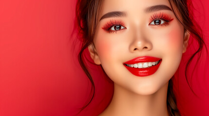 Beautiful young asian chinese / japanese super model wearing makeup with copy space for text.
