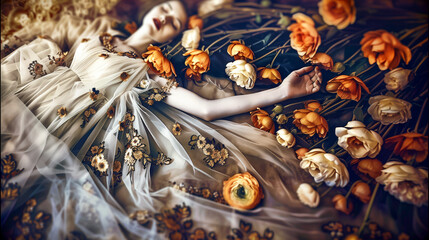 Young woman lies dead surrounded by autumn flowers. Death concept.