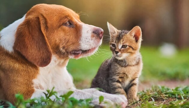 High-quality photo . A Heartwarming Moment Between a Dog and Cat at Play, Puppy And Kitten,
