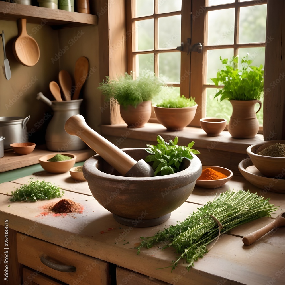 Wall mural mortar and pestle with herbs