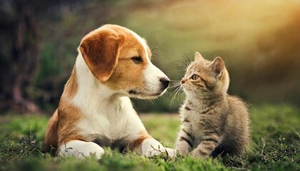 High-quality photo . A Heartwarming Moment Between a Dog and Cat at Play, Puppy And Kitten, - 754183708