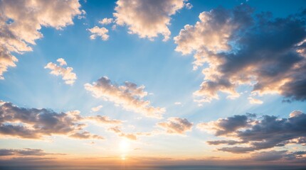Naklejka na ściany i meble Sunlight filters through the wispy clouds above a calm evening sky 