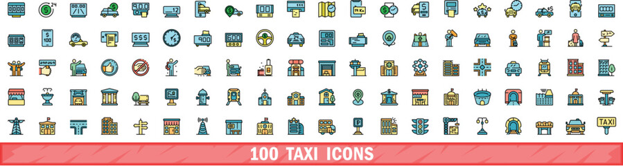 100 taxi icons set. Color line set of taxi vector icons thin line color flat on white