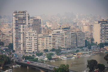 Cairo, Egypt - October 27, 2022. Views of the Cairo buildings and the Nile river in the old Cairo city - 754183997