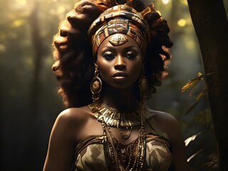 An African Princess Amidst the Shadows of the Woods-Royal Radiance in chiaroscuro lighting