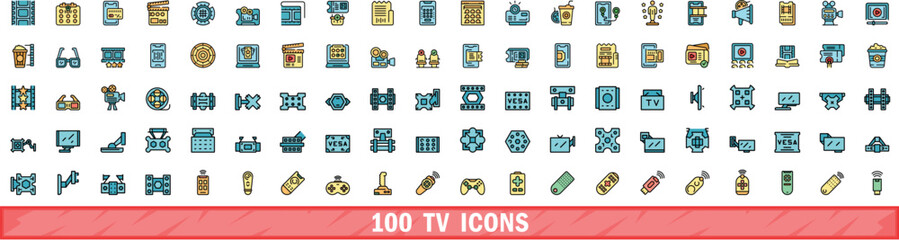 100 tv icons set. Color line set of tv vector icons thin line color flat on white