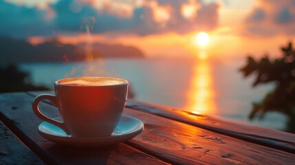 hot coffee and sunrise nature background. beautiful nature view with hot coffee. seamless looping...