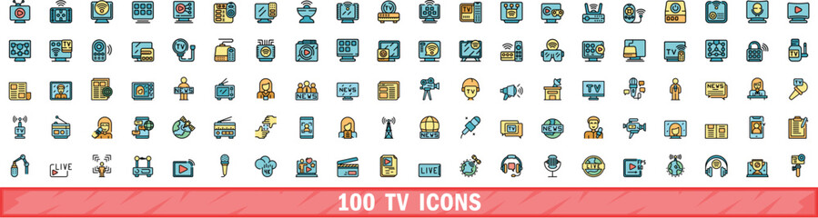 100 tv icons set. Color line set of tv vector icons thin line color flat on white