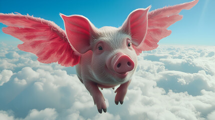 Pink flying pig with wings above clouds in the sky. generative ai - obrazy, fototapety, plakaty