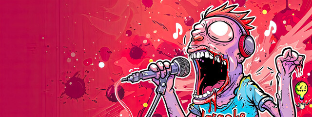 Vibrant cartoon of a rockstar singing into a microphone with dynamic background