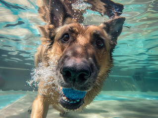 A German Shepherd, underwater in a pool, with a ball, wide angle.