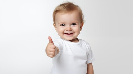 Joyful Toddler Boy Giving a Thumbs-Up Sign in Casual Outfit on a Neutral Background