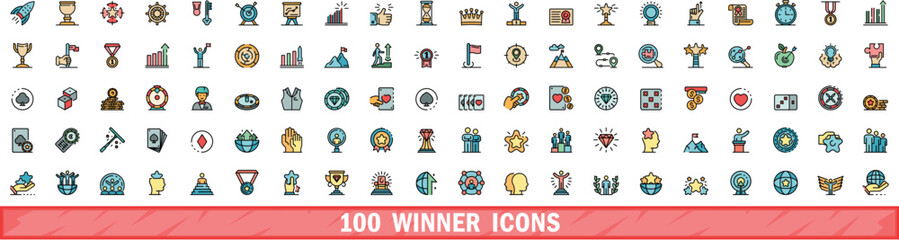 100 winner icons set. Color line set of winner vector icons thin line color flat on white