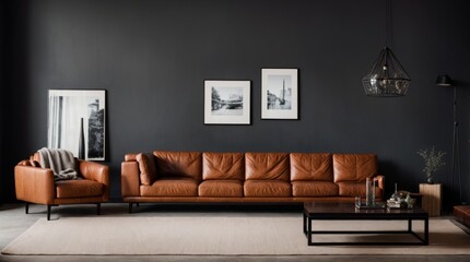Upscale sitting room styled with fashionable leather pieces against dark hues  - obrazy, fototapety, plakaty