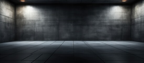 A stark, black and white photograph showcases an empty room with concrete walls and a smooth floor. The room is devoid of furniture or decorations, creating a minimalist and abstract visual.