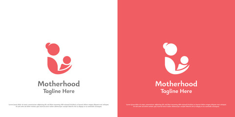 Child motherhood logo design illustration. Silhouette of mother embracing baby midwife. Symbol icon simple minimal happy soft peaceful warm abstract grateful care support help infant kid son family. - obrazy, fototapety, plakaty