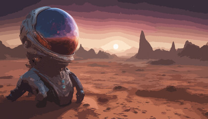 Einsame Landschaft der Erde mit kosmischen Elementen. Ein Teil eines Raumanzuges liegt auf dem Boden. trendiger Hintergrund für Tapeten, Poster, Karten, Einladungen, Websites.