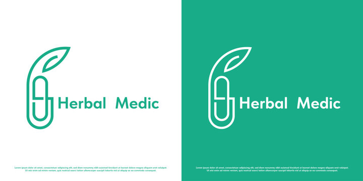 Herbal health logo design illustration. Silhouette of medical medicine pill plant eco nature herbal hospital pharmacy clinic. Simple minimal minimalist geometric modern abstract capsule line icon.