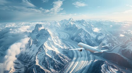 Aerial view from a plane passing over beautiful snow-capped mountains in winter. Including the...