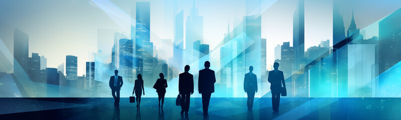 Banner of silhouetted business professionals walking in a futuristic cityscape