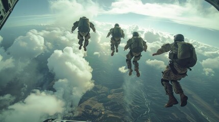 A combat soldier or parachutist jumps out of an airplane to practice air combat repair. - obrazy, fototapety, plakaty