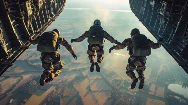 A combat soldier or parachutist jumps out of an airplane to practice air combat repair.