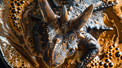 Gothic triceratops in a luminescent espresso vortex, macro detail Full HD, dark fantasy meets realism