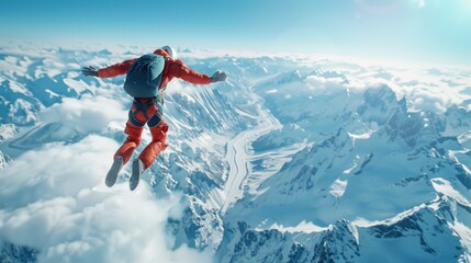 Naklejka na ściany i meble Aerial view: A skydiver jumps out of a plane to explore a beautiful snow-covered aerial landscape in winter. Including Provo, Farmington, Bountiful, Orem, and Salt Lake City, Utah, USA.