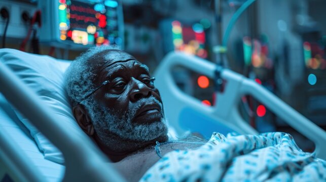 A middle-aged African man lies in a hospital ward. which connects to life support equipment and monitors