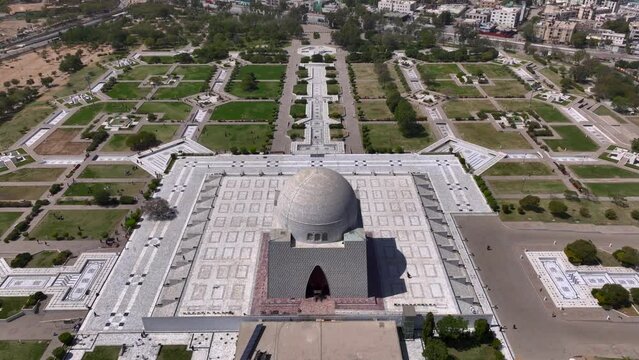 Aerial drone footage of Mazar-e-Quaid also known as tomb of Quaid-e-Azam, landmarks of Karachi Pakistan, sightseeing