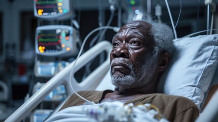 A middle-aged African man lies in a hospital ward. which connects to life support equipment and monitors - obrazy, fototapety, plakaty