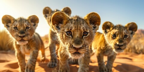 A strange bunch of tiny, inexperienced juvenile lions. Generative Ai - obrazy, fototapety, plakaty