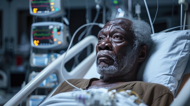 A middle-aged African man lies in a hospital ward. which connects to life support equipment and monitors