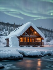 Warmly lit snowy riverside cabin under faint aurora twilight sky  - obrazy, fototapety, plakaty