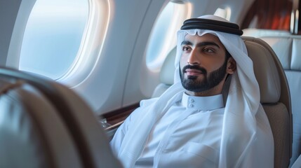 Muslim businessman in traditional white robes sits on a plane during a business trip. - obrazy, fototapety, plakaty