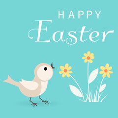 Happy Easter vector card. Sparrow and flowers. Spring card. Postcard with spring flowers.