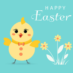 Happy Easter vector card. Yellow little chicken and flowers. Spring card. Postcard with spring flowers.