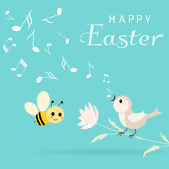 Happy Easter vector card. Bee, flower and singing bird. Spring card. Postcard with spring flowers.