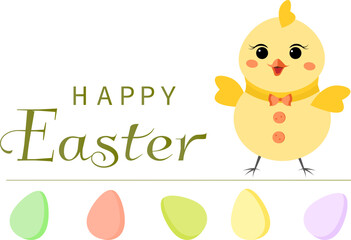 Happy Easter vector card. Multi-colored eggs and a yellow little chicken. Spring card. Postcard,