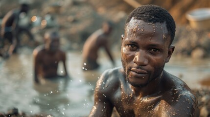 A thin African diamond miner is in the background. Traditional African workers washing diamonds