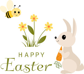 Happy Easter vector card. Rabbit, bee and flowers. Spring card. Postcard with spring flowers.
