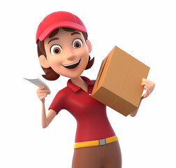 Design of a charming 3D render cartoon adult female character waiting with excitement for deliver goods