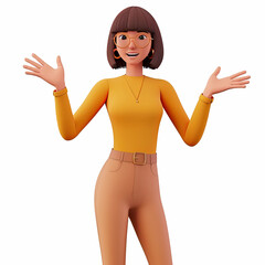 Radiant and Friendly Adult Female Character in a 3D Render Cartoon Style, Striking a Pose or Gesture of Greeting