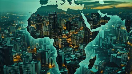 Africa's growth potential. Double Exposure of Africa Map and Bustling Cityscape