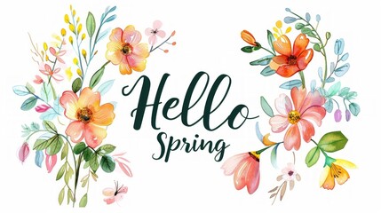 Fototapeta na wymiar Elegant Hello Spring Watercolor Floral Wreath Design