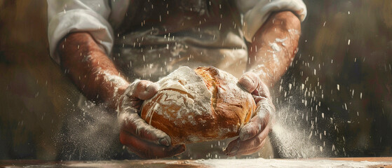 Realistic and vivid portrayal of an artisan baker in one of the worlds best bakeries hands dusted with flour