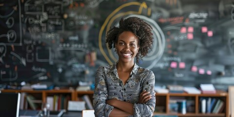 Fototapeta na wymiar Blackboard-wielding African American female instructor in portrait. Generative Ai