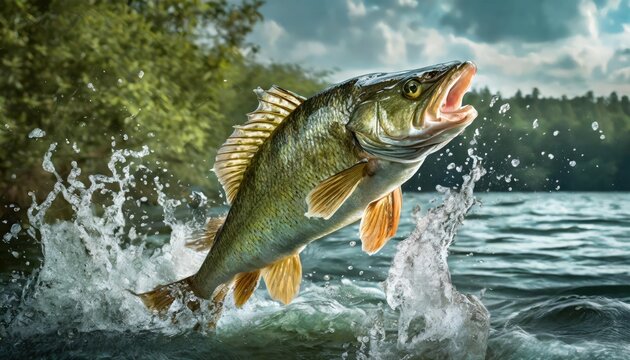 High-quality photo . Large mouth bass jumping out of the water. front view 